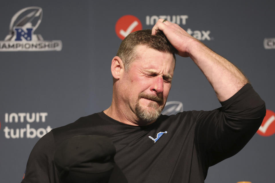 Detroit Lions head coach Dan Campbell speaks at a news conference after the NFC championship game. (AP Photo/Jed Jacobsohn)