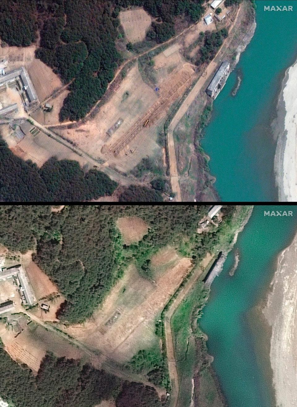 This combination of the satellite images provided by Maxar Technologies shows a closer view of new excavation at the Yongbyon facility in North Korea