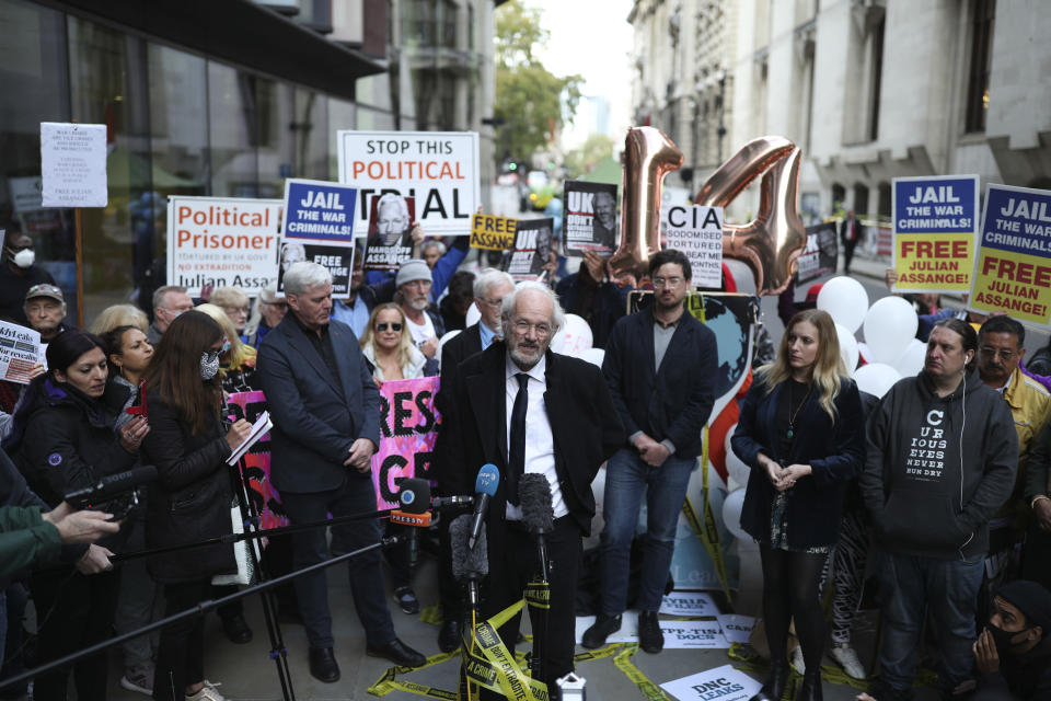 Julian Assange's father John Shipton speaks to the media outside the Old Bailey as the Assange extradition hearing to the US ended, with a result expected later in the year, in London, Thursday, Oct, 1, 2020. The WikiLeaks founder is fighting extradition to the US on charges relating to leaks of classified documents allegedly exposing war crimes and abuse. (Yui Mok/PA via AP)