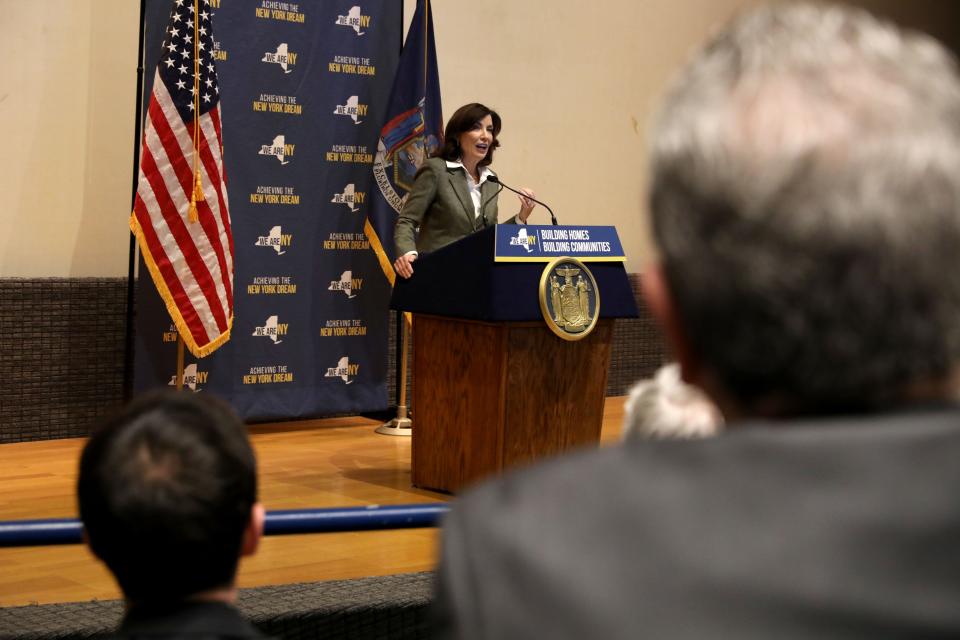 Gov. Kathy Hochul speaks about the state's housing crisis with Westchester business leaders at the Business Council of Westchester in Rye Brook March 15, 2023.