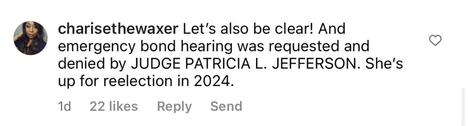 Instagram user @charisethewaxer posted a comment under a post on @crimenewsinthed regarding a Judge's decision to release a violent criminal, Torrion Hudson, out on bond after the defendant was called back to court Wednesday for allegedly committing another violent crime this past weekend.