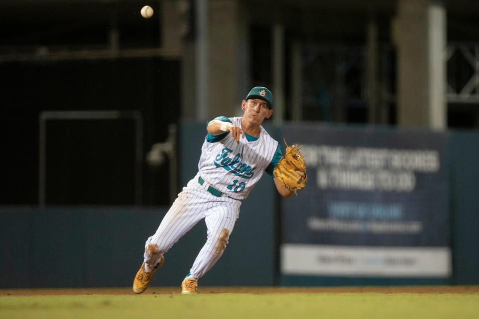 Jensen Beach's Patrick Gillen (10) throws to first base during the top of the fourth inning of the FHSAA baseball Class 4A state championship between Island Coast High School (Cape Coral) and Jensen Beach High School, Tuesday, May 24, 2022, at Hammond Stadium in Fort Myers, Fla.Island Coast defeated Jensen Beach 8-7 in eight innings.