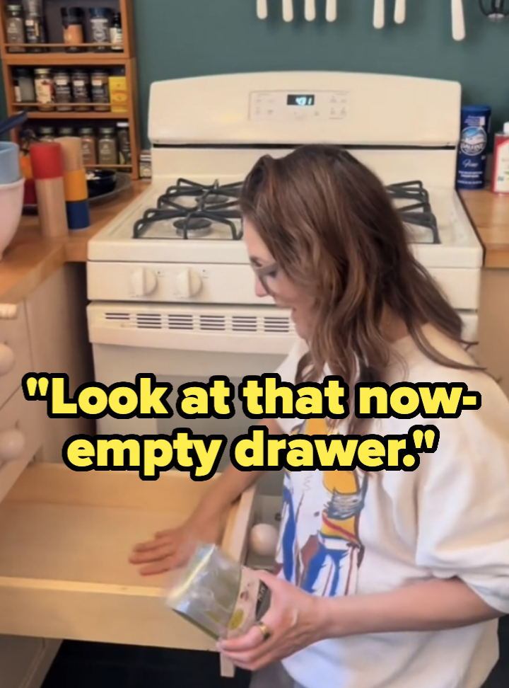 Drew organizing kitchen, captions read "Look at that now-empty drawer"