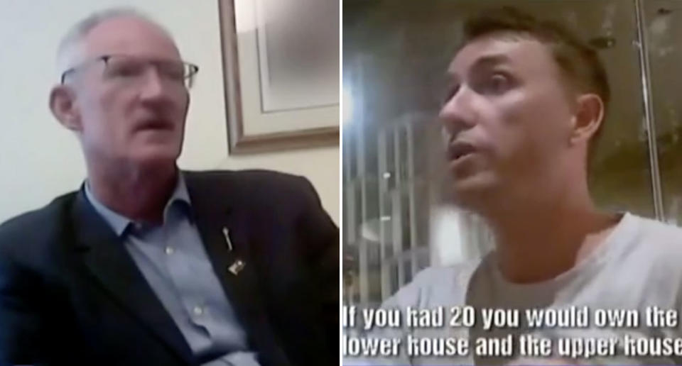 One Nation’s Queensland party leader Steve Dickson and Senator Pauline Hanson’s chief of staff James Ashby were filmed by an Al Jazeera journalist speaking with US gun lobby groups about donations. Source: Al Jazeera