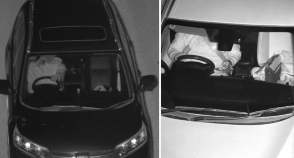 A driver holds his phone up to his ear with the other on the wheel (left) and a driver holds their phone down beside their lap while driving (right). 