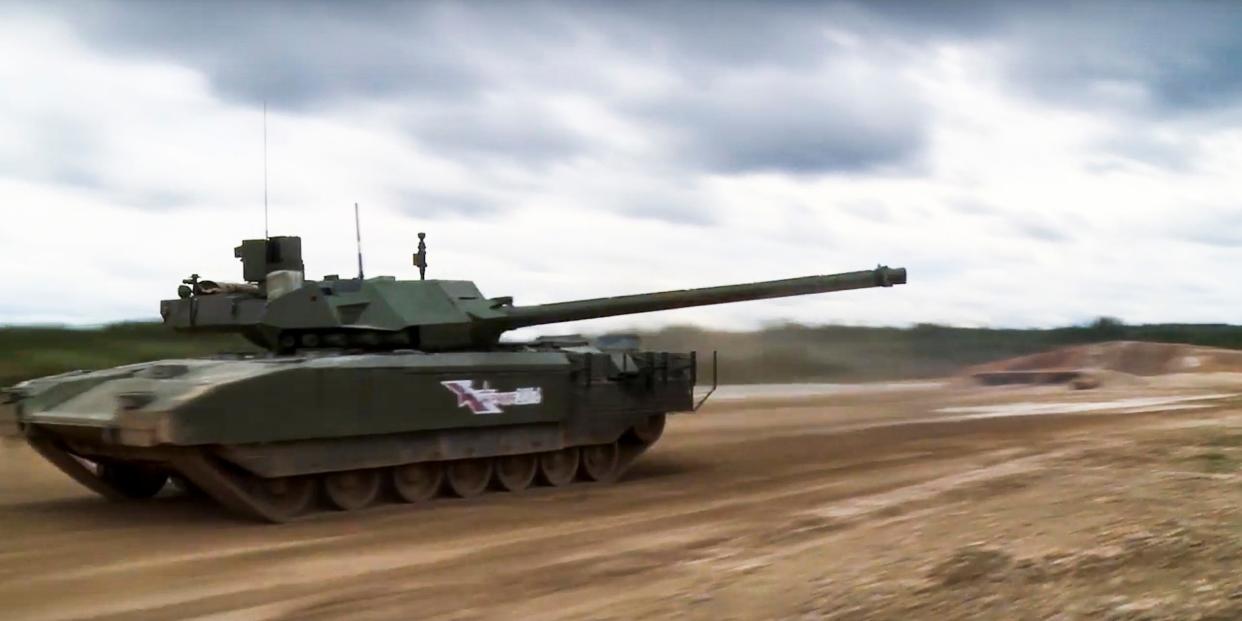 In this frame grab provided by Russian Defence Ministry press service on Sunday, Sept. 11, 2016, shows a Russian T-14 Armata tank moves across challenging terrain at the International military and technical forum ARMY-2016 in Alabino, outside Moscow, Russia.