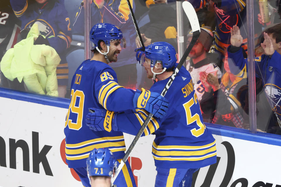 Buffalo Sabres left wing Jeff Skinner (53) celebrates after his goal with right wing Alex Tuch (89) during the third period of an NHL hockey game against the Pittsburgh Penguins, Friday, Nov. 24, 2023, in Buffalo N.Y. (AP Photo/Jeffrey T. Barnes)