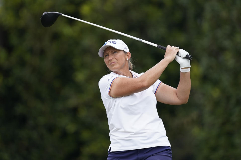 Angela Stanford tees off at the second hole during the final round of the LPGA's Hugel-Air Premia LA Open golf tournament at Wilshire Country Club Saturday, April 24, 2021, in Los Angeles. (AP Photo/Ashley Landis)