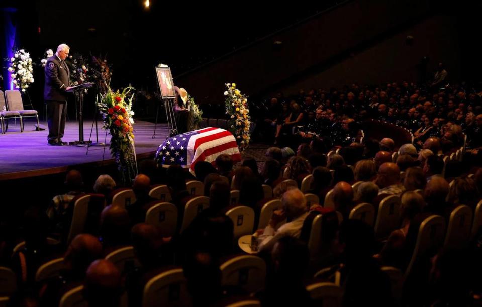 Arlington Chaplain Rick Burgin speaks at the funeral for Officer Darrin McMichael on Wednesday, September 27, 2023, at Crossroads Christian Church in Grand Prairie. McMichael, a member of Arlington’s Motorcycle Unit, was killed on September 21.