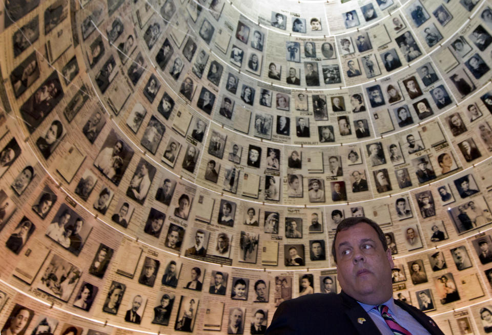 New Jersey Gov. Chris Christie visits the Hall of Names at the Yad Vashem Holocaust Memorial museum in Jerusalem, Tuesday, April 3, 2012. Christie kicked off his first official overseas trip Monday meeting Israel's leader in a visit that may boost the rising Republican star's foreign policy credentials ahead of November's presidential election. (AP Photo/Bernat Armangue)