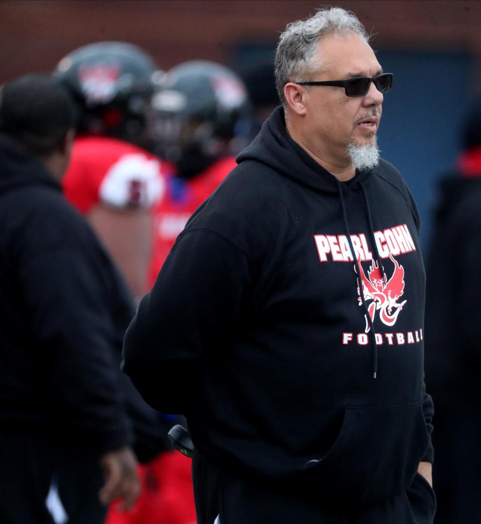 Pearl-Cohn's head coach Tony Brunetti on the sidelines during the BlueCross Bowl Class 4A Championship game against Anderson County at Finley Stadium, in Chattanooga, Tenn., on Saturday, Dec. 3, 2022.