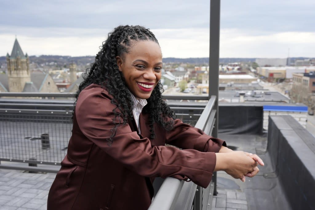 U.S. Rep. Summer Lee, D-Pa., stands for a portrait overlooking the East Liberty neighborhood of Pittsburgh, Monday, April 8, 2024. (AP Photo/Gene J. Puskar, File)