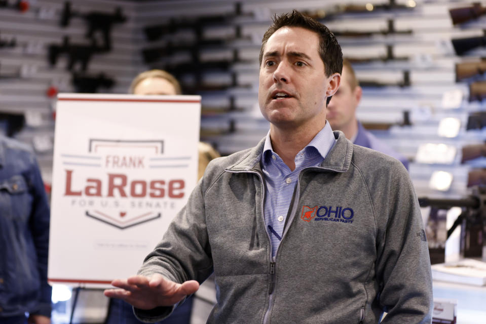 Ohio Secretary of State and Republican candidate for U.S. Senate Frank LaRose speaks to supporters during a campaign event in Hamilton, Ohio, Monday, March 18, 2024. (AP Photo/Paul Vernon)