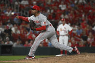 Cincinnati Reds reliever Alexis Diaz pitches during the ninth inning of the team's baseball game against the St. Louis Cardinals on Thursday, Sept. 15, 2022, in St. Louis. (AP Photo/Joe Puetz)