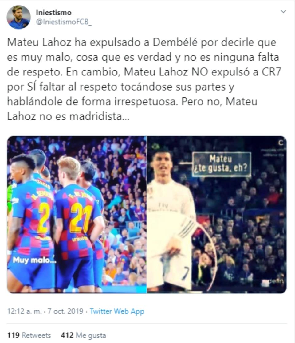 Los culés le acusan de no ser igual de permisivos con los jugadores del Barça que con los del Real Madrid. (Foto: Twitter / <a href="http://twitter.com/IniestismoFCB_/status/1180969100358631424" rel="nofollow noopener" target="_blank" data-ylk="slk:@IniestismoFCB_;elm:context_link;itc:0;sec:content-canvas" class="link ">@IniestismoFCB_</a>).