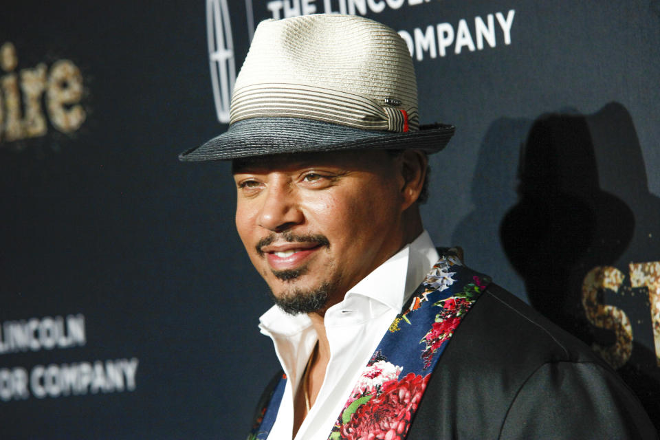 FILE - In a September 23, 2017 file photo, actor Terrence Howard attends Fox's celebration of the "Empire" and "Star" television shows at One World Observatory in New York. Howard, who plays Jussie Smollett’s father on ‘Empire,’ has expressed support for his fellow cast member on social media. Smollett, who is black and gay, is charged with filing a false police report in January 2019 when he said he was attacked in Chicago by two masked men who used derogatory language and put a rope around his neck.(Photo by Andy Kropa/Invision/AP, File)