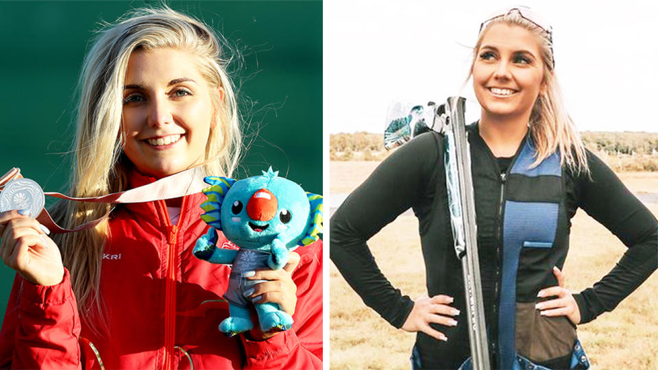 Amber Hill (pictured left) with a medal at the Commonwealth Games and (pictured right) smiling for a photo.