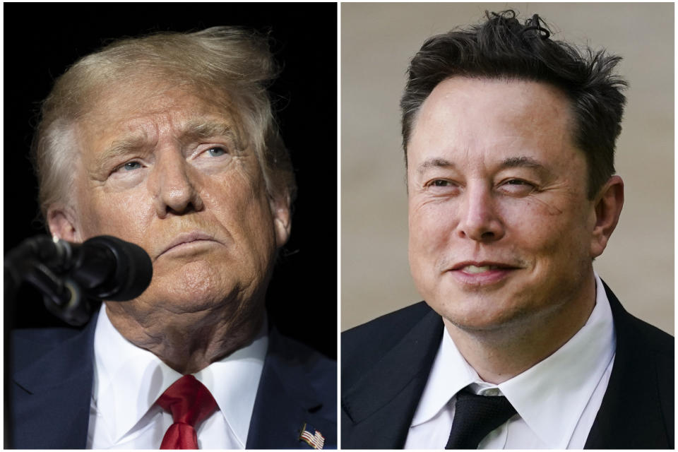 FILE - This combination of photos shows former President Donald Trump during rally at the Minden Tahoe Airport in Minden, Nev., Oct. 8, 2022, left, and Elon Musk in Wilmington, Del., July 12, 2021. Trump and Musk share a reputation as disrupters. Now, they're grappling with tribulations that may be unlike anything thrown at them before. (AP Photo, File)