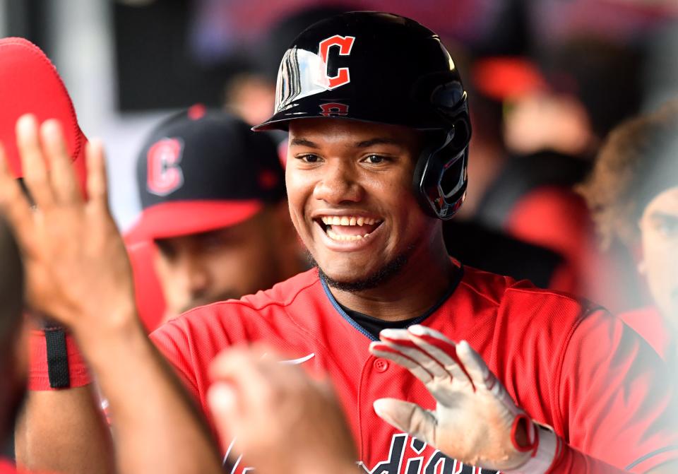 The emergence of rookie outfielder Oscar Gonzalez, above, made Oscar Mercado expendable and Mercado was designated for assignment to make room for the return of designated hitter Franmil Reyes to the active roster. [Ken Blaze/USA TODAY Sports]