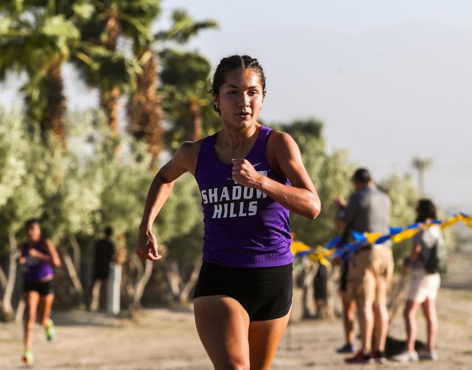 Shadow Hills' Miranda Salcedo wins the girls' race of the first DEL cross country meet of the year at Xavier College Preparatory High School in Palm Desert, Calif., Wednesday, Sept. 20, 2023.