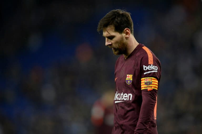 Barcelona's forward Lionel Messi reacts during the Spanish "Copa del Rey" quarter-final first leg football match against Espanyol January 17, 2018