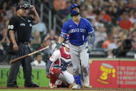 Kansas City Royals' MJ Melendez (1) watches his solo home run during the eighth inning of a baseball game against the Houston Astros, Monday, July 4, 2022, in Houston. (AP Photo/Eric Christian Smith)