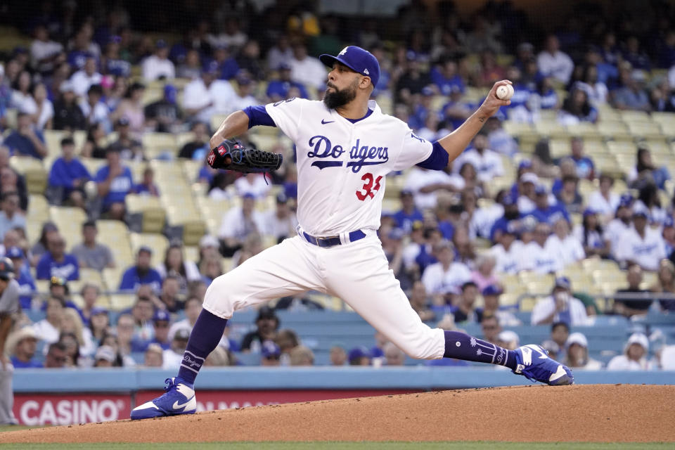 Los Angeles Dodgers starting pitcher David Price throws to the plate during the first inning of a baseball game against the Arizona Diamondbacks Friday, July 9, 2021, in Los Angeles. (AP Photo/Mark J. Terrill)