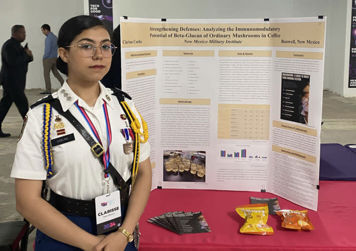 New Mexico high schooler Clarisse Coelho presenting her project “Strengthening Defenses: Analyzing the Immunomodulatory Potential of Beta-Glucan in Ordinary Mushrooms” at the National STEM Festival. (Joshua Bay/The 74)