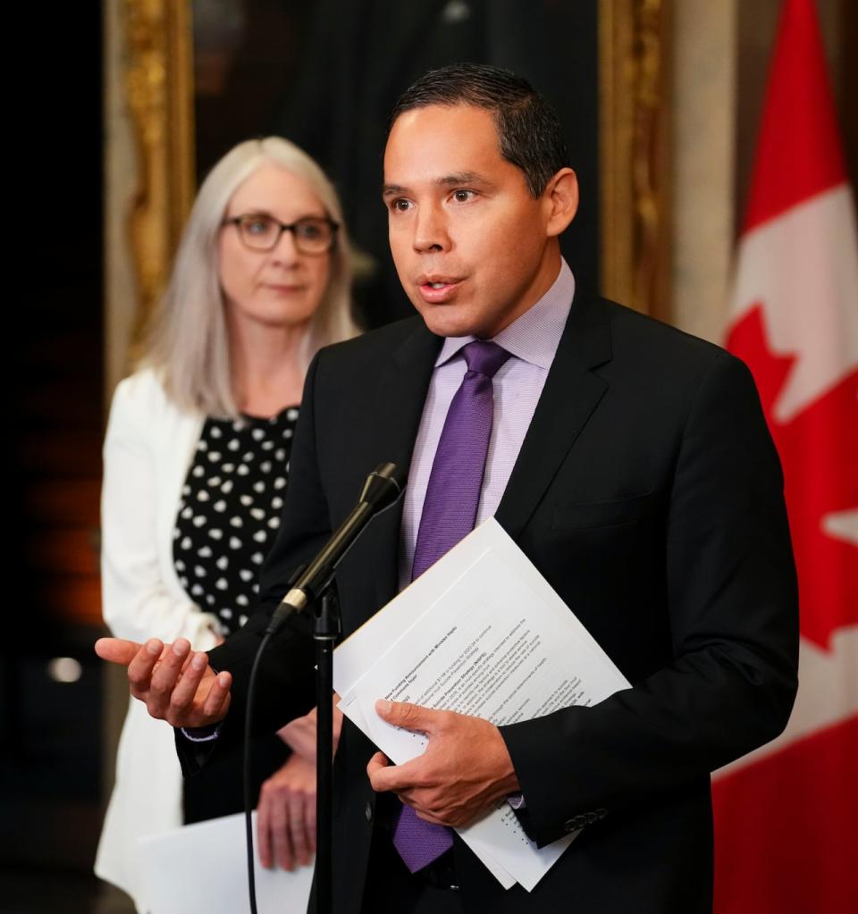 Natan Obed, President of Inuit Tapiriit Kanatami, and Patty Hajdu, Minister of Indigenous Services, make an announcement on Parliament Hill in Ottawa on Thursday, Oct. 6, 2022, regarding support for the National Inuit Suicide Prevention Strategy.