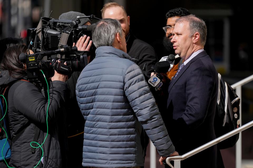 Former Ohio Republican Party chairman Matt Borges speaks to the media outside of the Potter Stewart U.S. Courthouse in downtown Cincinnati Thursday, March 9, 2023 after a jury found him and Former Ohio House Speaker Larry Householder guilty of racketeering conspiracy.