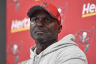Tampa Bay Buccaneers Todd Bowles speaks at a news conference following an NFL football game against the Buffalo Bills, Thursday, Oct. 26, 2023, in Orchard Park, N.Y. (AP Photo/Adrian Kraus)
