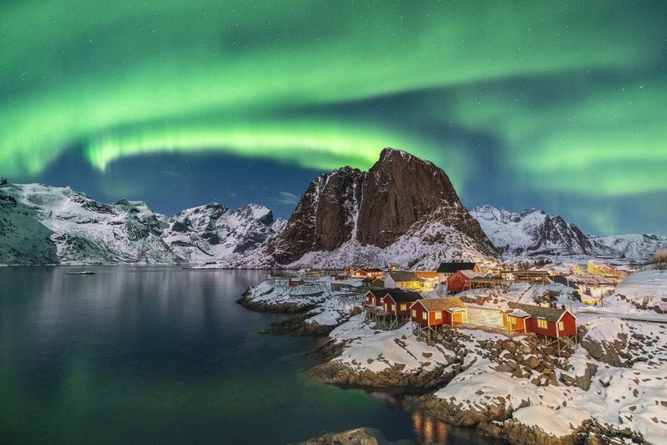 2) The Northern Lights above Hamnoy in the Lofoten Islands