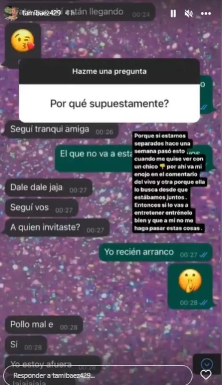 Tamara Báez compartió la captura de un chat con L-Gante