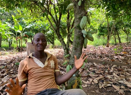 Ivorian cocoa farmer, N'Da Kouakou Kinimo, attends an interview with Reuters in his farm at the village of Edoukoukro