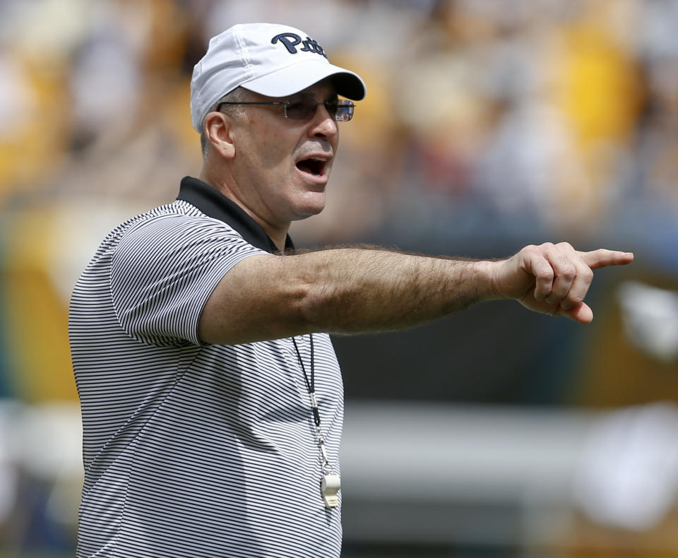 Pittsburgh head coach Pat Narduzzi doesn't help his sport by amplifying false rumors about players being offered millions of dollars to play for other programs. (AP Photo/Keith Srakocic)