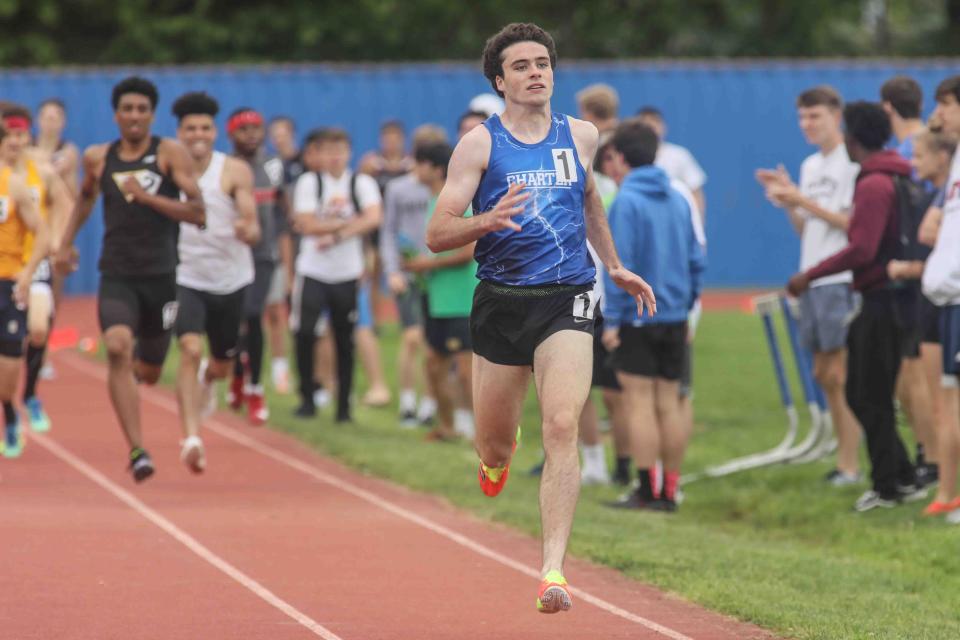 Charter School of Wilmington Chris Brown wins the boys 800mm during The New Castle County Championships track and field meet Saturday, May 11, 2019, at The Charter School of Wilmington in Wilmington DE.