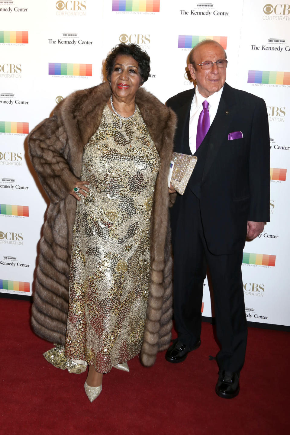 Aretha Franklin in sequins and fur with Clive Davis at the 38th Annual Kennedy Center Honors at The Kennedy Center Hall of States in Washington, DC.