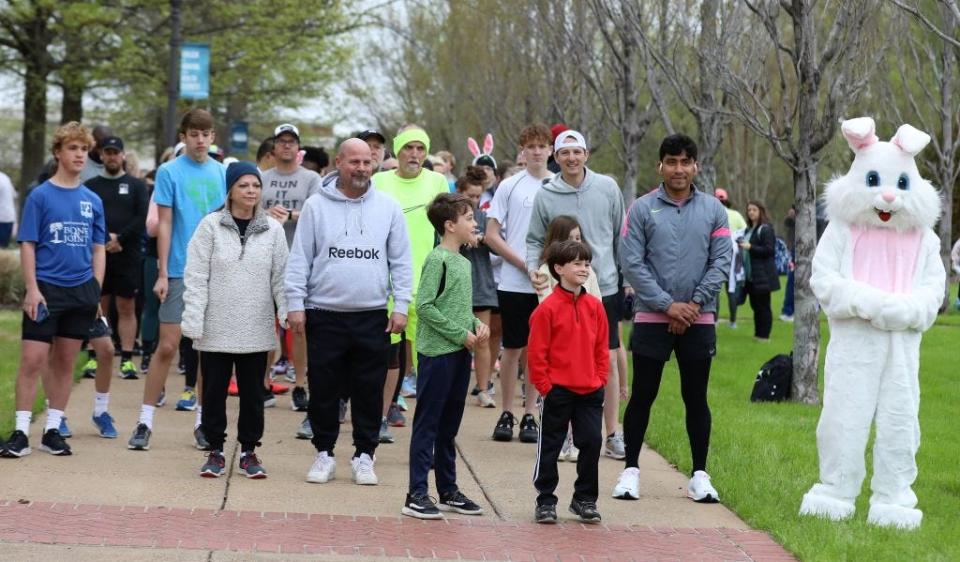 Participants prepare for the start of the Bunny Run 5K and 1-mile Fun Run/Bunny Hop hosted by the Dream Center of Jackson on the lawn of Union University in Jackson, Tennessee on Saturday, March 08, 2023. Awards were given to the top three males and female finishers during the event, which is held annually to benefit the operations of the Dream Center. An Easter Egg hunt and a photo opportunity with the Easter Bunny were held for children during the event.