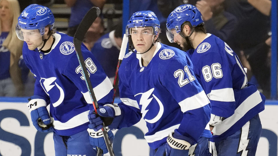 The Lightning's top unit of Brayden Point, Brandon Hagel and Nikita Kucherov has been one of the NHL's best so far. (AP Photo/Chris O'Meara)