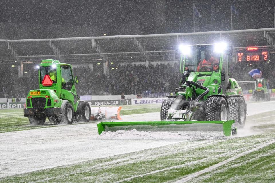 In Helsinki, play was suspended towards the end of the match to clear the snow from the field.