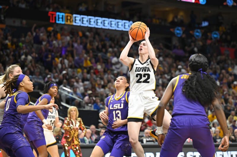 Iowa Hawkeyes star Caitlin Clark (22) received a $5 million offer to participate in the BIG3 3-on-3 basketball league. File Photo by Ian Halperin/UPI