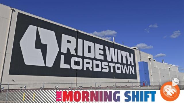 An image of Foxconn&#39;s Ohio plant, with the &quot;Ride With Lordstown&quot; banner on the side of it.