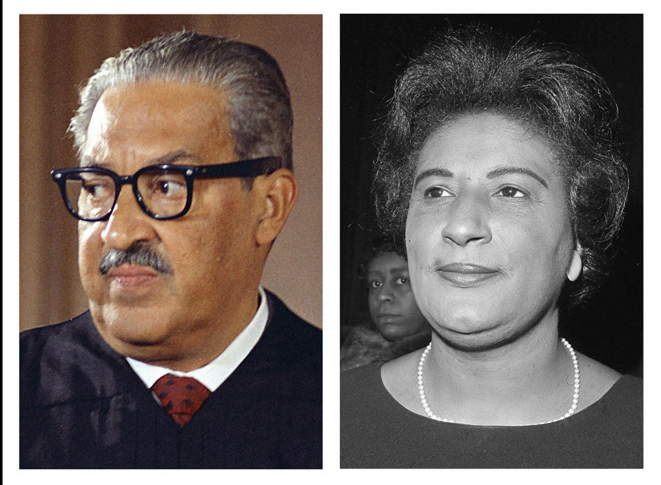 This combo of file photos from Washington show Supreme Court Associate Justice Thurgood Marshall on Oct. 24, 1967; and Constance Baker Motley, nominated to be judge of the southern district of New York, at her confirmation hearing, on April 4, 1966. The NAACP's Legal Defense Fund launched a $40 million scholarship program on Monday, Jan. 18, 2021, to create a new generation of civil rights lawyers. The Marshall-Motley Scholars Program, named for the legal defense fund's founder and Supreme Court Justice Thurgood Marshall, and his staff attorney Constance Baker Motley, who later became the first Black female federal judge. (AP Photo/Charles Tasnadi, left, and Henry Griffin)