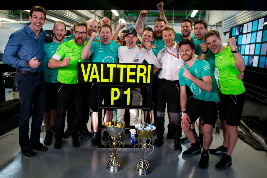 sochi, russia april 30 valterri bottas of mercedes and finland celebrates with his team and toto wolff of mercedes and germany during the formula one grand prix of russia on april 30, 2017 in sochi, russia photo by peter j foxgetty images