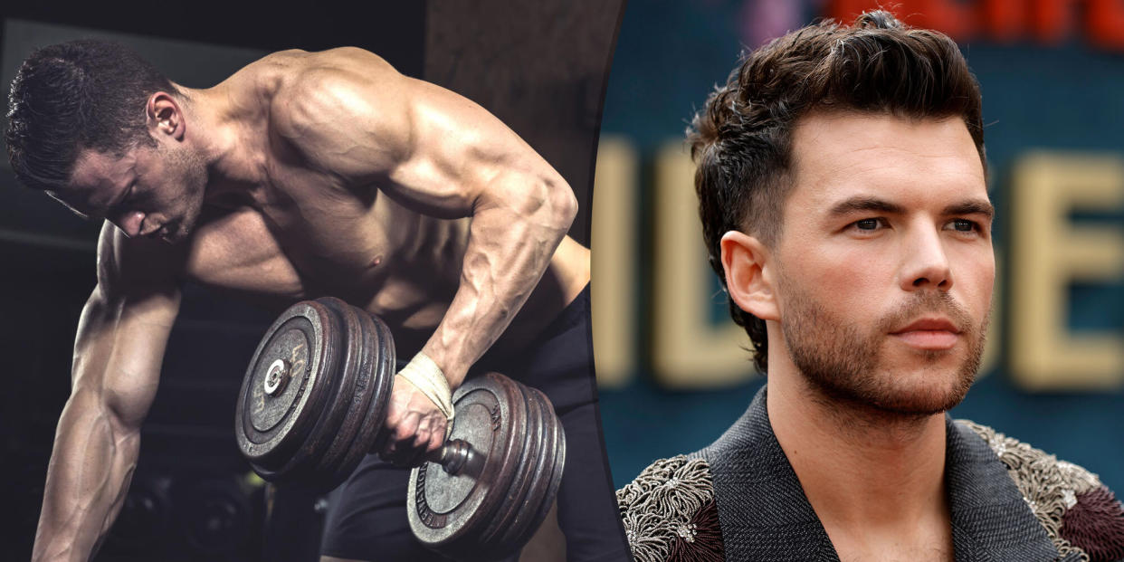  One half of the photo is a man performing a dumbbell row on a bench and the other half shows Luke Newton on a red carpet. 