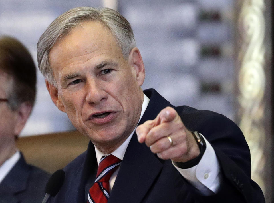 FILE - In this Feb. 5, 2019, file photo, Texas Gov. Greg Abbott gives his State of the State Address in the House Chamber in Austin, Texas. Abbott said Wednesday, Aug. 7, 2019, he will work to keep guns out of the hands of dangers people, though he never mentioned gun control. (AP Photo/Eric Gay, File)