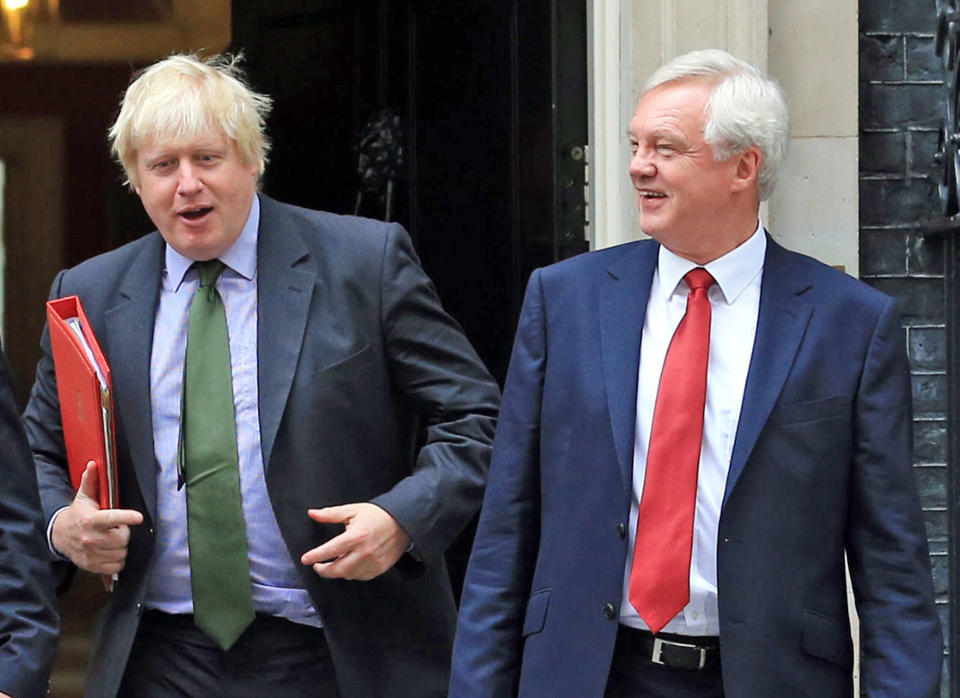 File photo dated 6/9/2016 of Boris Johnson (left), then Foreign Secretary and now Prime Minister, and David Davis who has urged Boris Johnson to resign, telling the Prime Minister at PMQs 