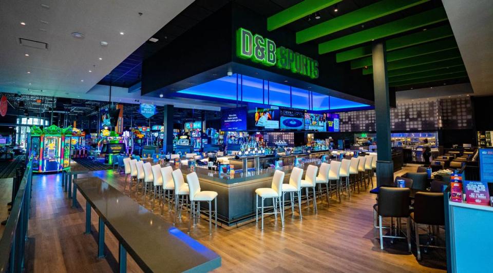 A sports bar area sits in the middle of Dave & Buster’s in Folsom on Tuesday, March 26, 2024.