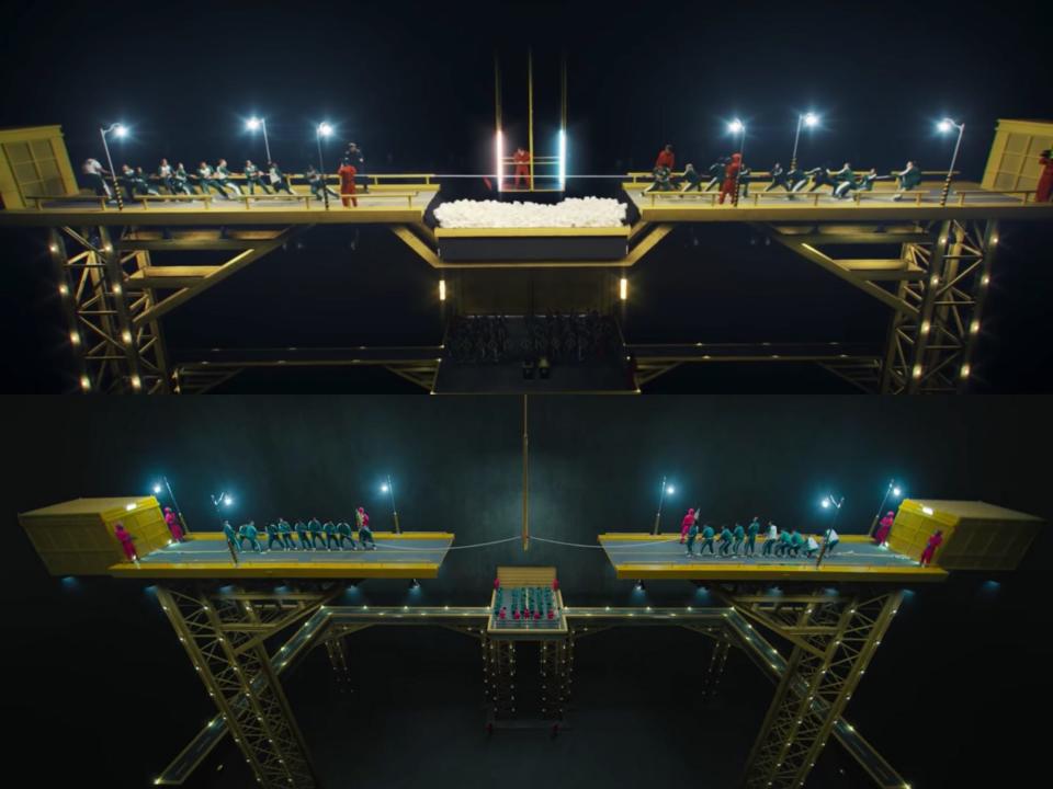 top: a tug-of-war yellow scaffolding set from Mr. Beast's squid game video, there's a red light and blue light in the middle and a foam pit between two platforms, which hold two teams. bottom: a yellow scaffolding set from the netflix series squid game that shows two teams on opposite platforms, a gap in the middle with nothing to protect from a fall, and in the lower background, a platform of other players and spectators