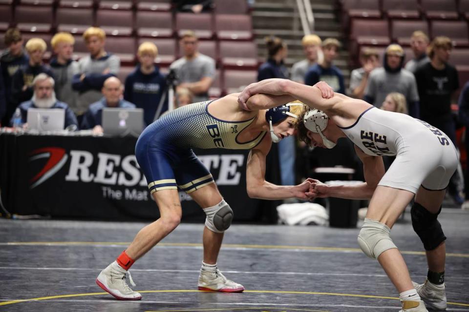 Bald Eagle Area’s Mason Reese battles for positioning with Notre Dame Green Pond’s Nino Morici in their 145-pound bout of the Eagles’ 41-16 loss on Thursday in the PIAA Class 2A dual championships first round. Reese shut out Morici, 3-0.